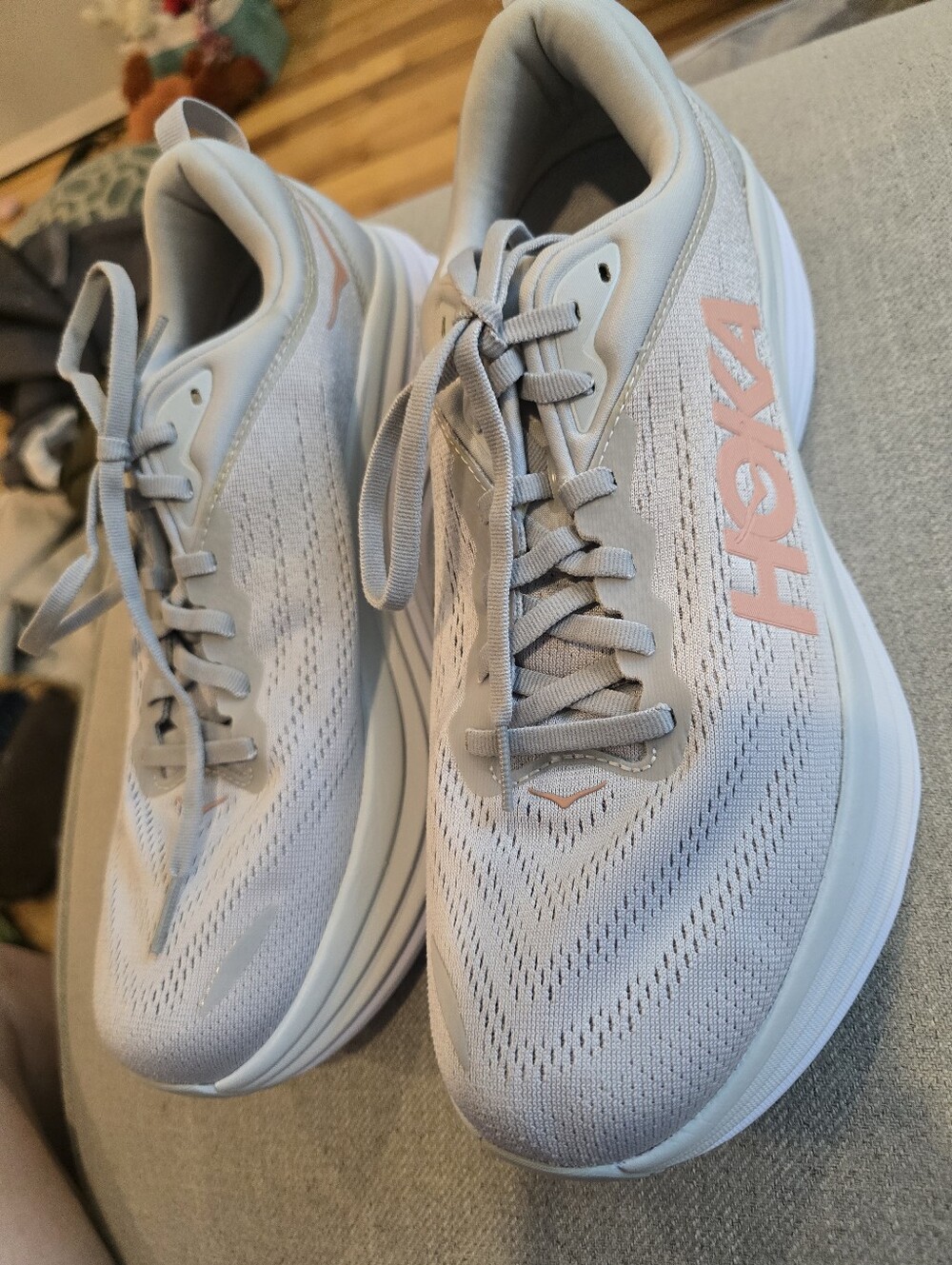 Hoka Women's Lightweight Running Shoes - Beige with Pink Logo